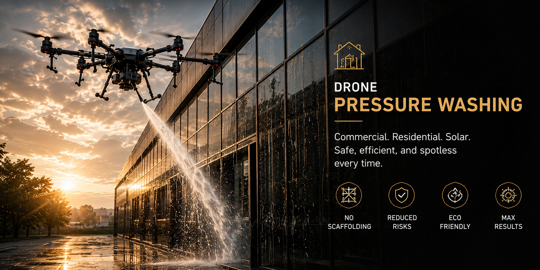 Drone Pressure Washing - Commercial, Residential, Solar. Safe, efficient, and spotless every time.