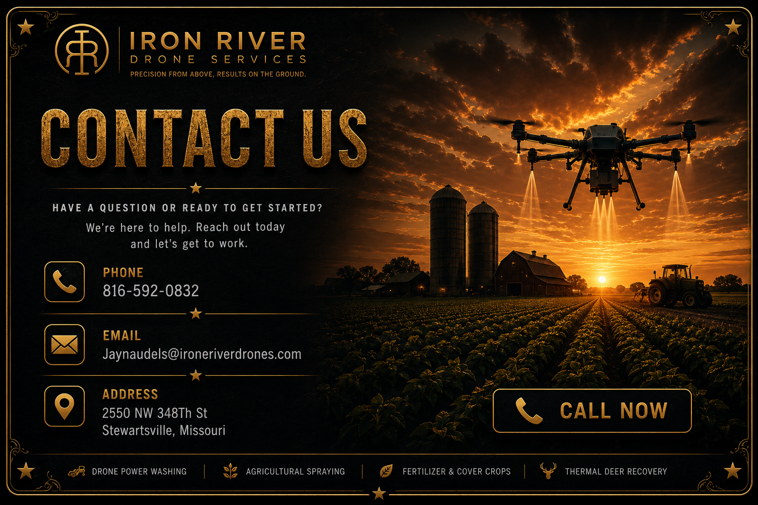 Contact Iron River Drone Services - Phone: 816-592-0832, Email: Jaynaudels@ironeriverdrones.com